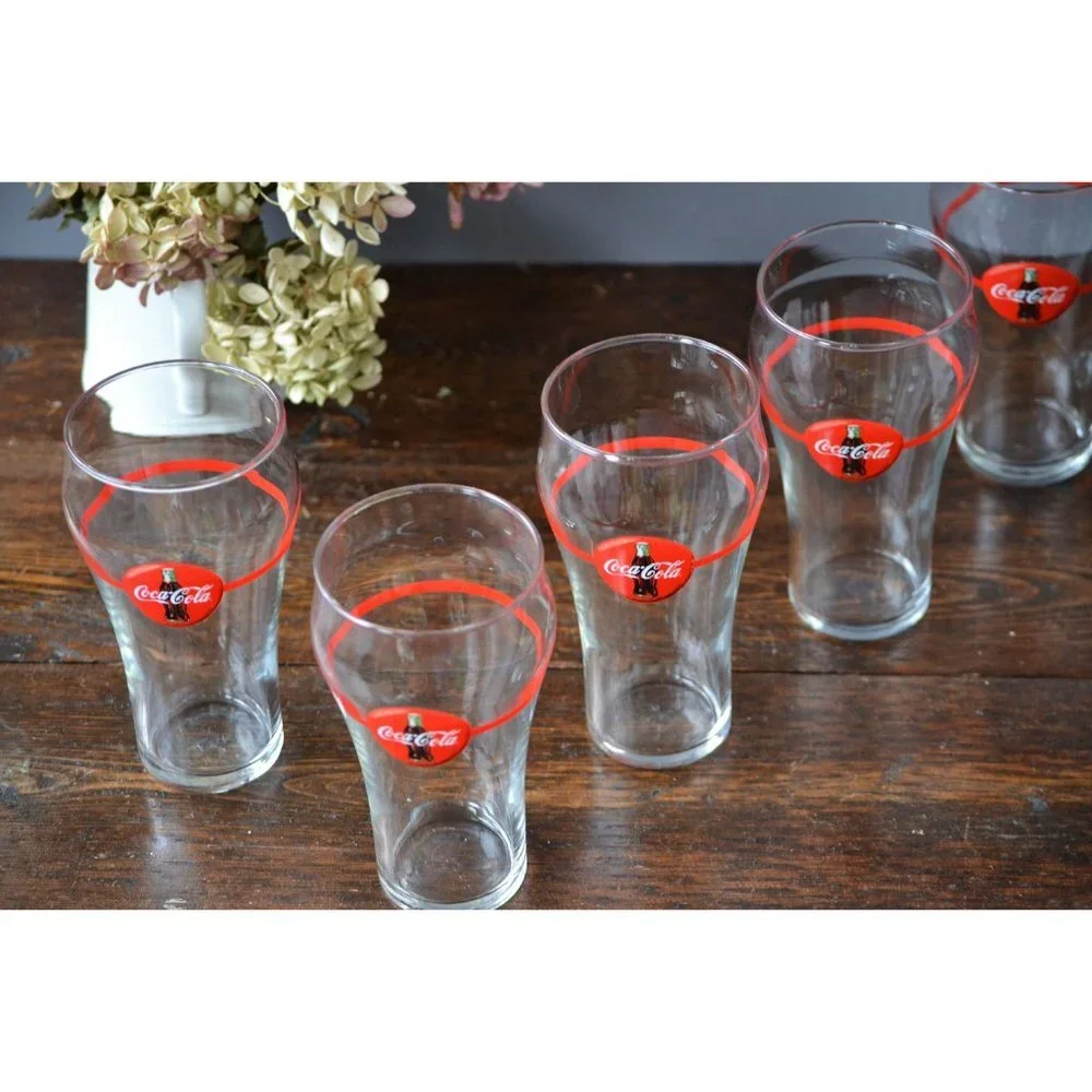 5 Coca Cola Red Line fountain Glasses | classic glass soda vintage bar ware Coke